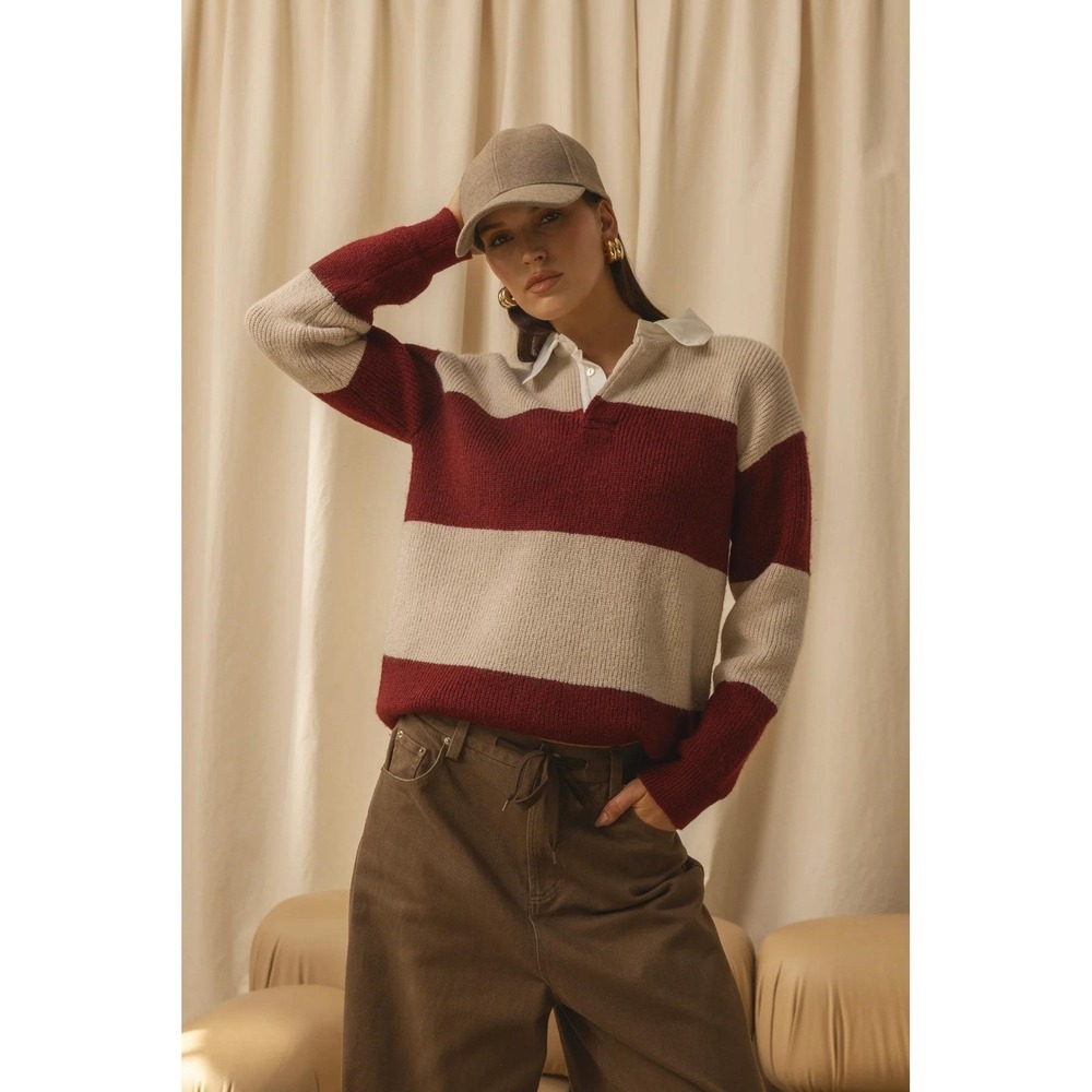 Line & Dot Waylon Sweater Cream Red Collared Polo Pullover Size Small